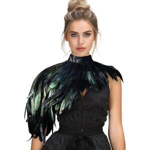 Women Feather Cape Shawl Costume Black Witch Wings Collar Adult Crow Neck